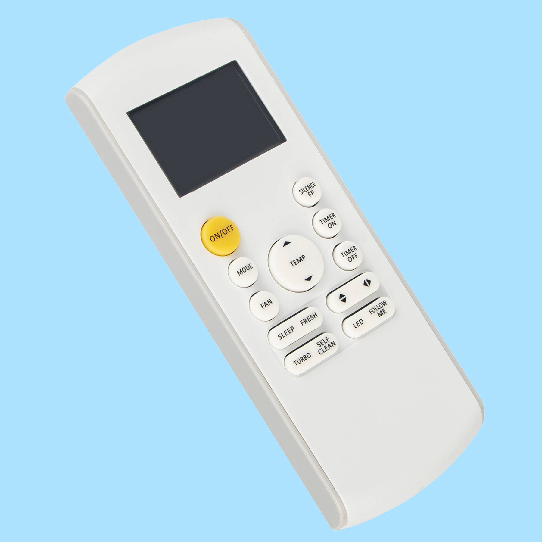 Sure, here is the corrected and grouped text from the image:

- **Power:**
  - ON/OFF

- **Mode:**
  - MODE

- **Temperature:**
  - TEMP

- **Timer:**
  - TIMER ON
  - TIMER OFF

- **Fan:**
  - FAN

- **Additional Features:**
  - SILENCE FP
  - SLEEP
  - FRESH
  - SELF CLEAN
  - TURBO

- **Other:**
  - FOLLOW ME
  - LED