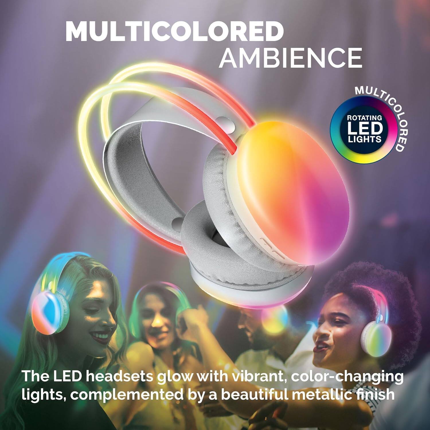 Brookstone Wireless Silent Disco Headphones, Multicolor LED Lights ...