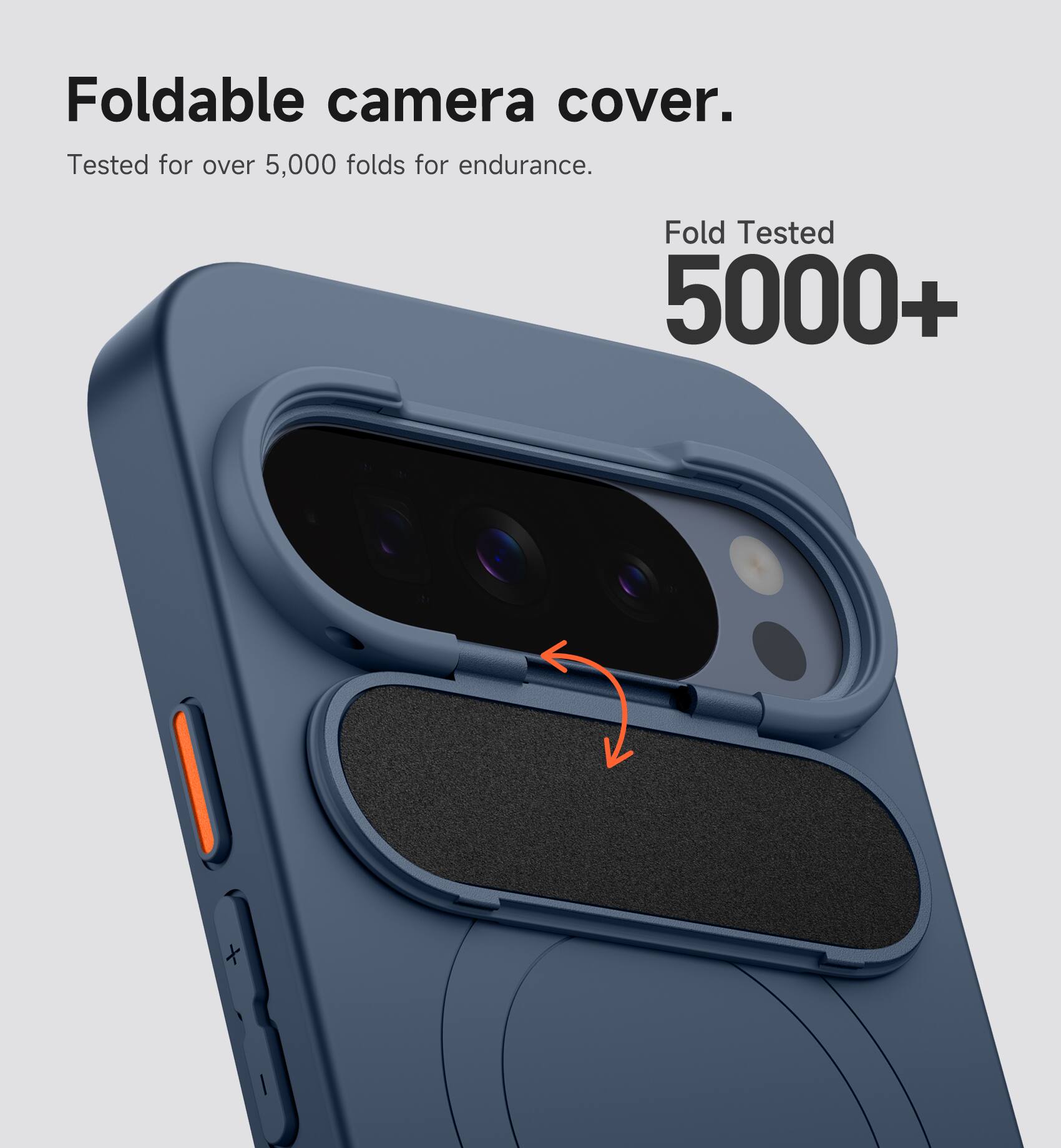 Foldable camera cover.  
Tested for over 5,000 folds for endurance.  
Fold Tested 5000+