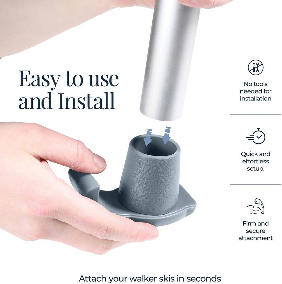 Easy to use and Install

No tools needed for installation

Quick and effortless setup.

Firm and secure attachment

Attach your walker skis in seconds