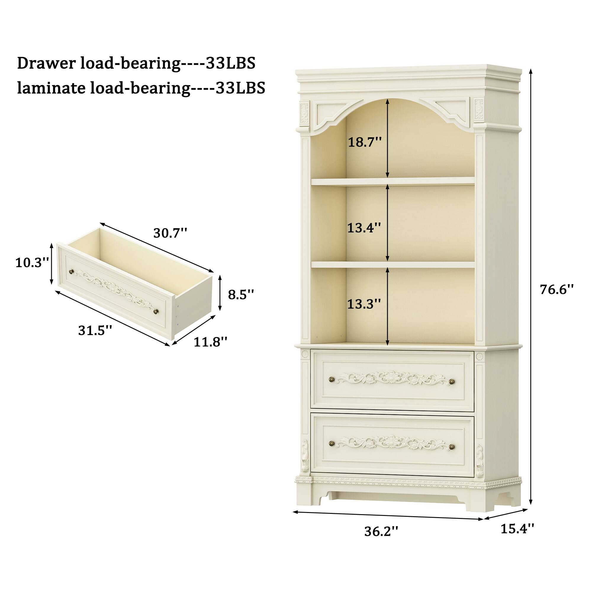 Drawer load-bearing----33LBS  
Laminate load-bearing----33LBS  

Dimensions:  
- 18.7"  
- 30.7"  
- 13.4"  
- 10.3"  
- 8.5"  
- 13.3"  
- 76.6"  
- 31.5"  
- 11.8"  
- 36.2"  
- 15.4"
