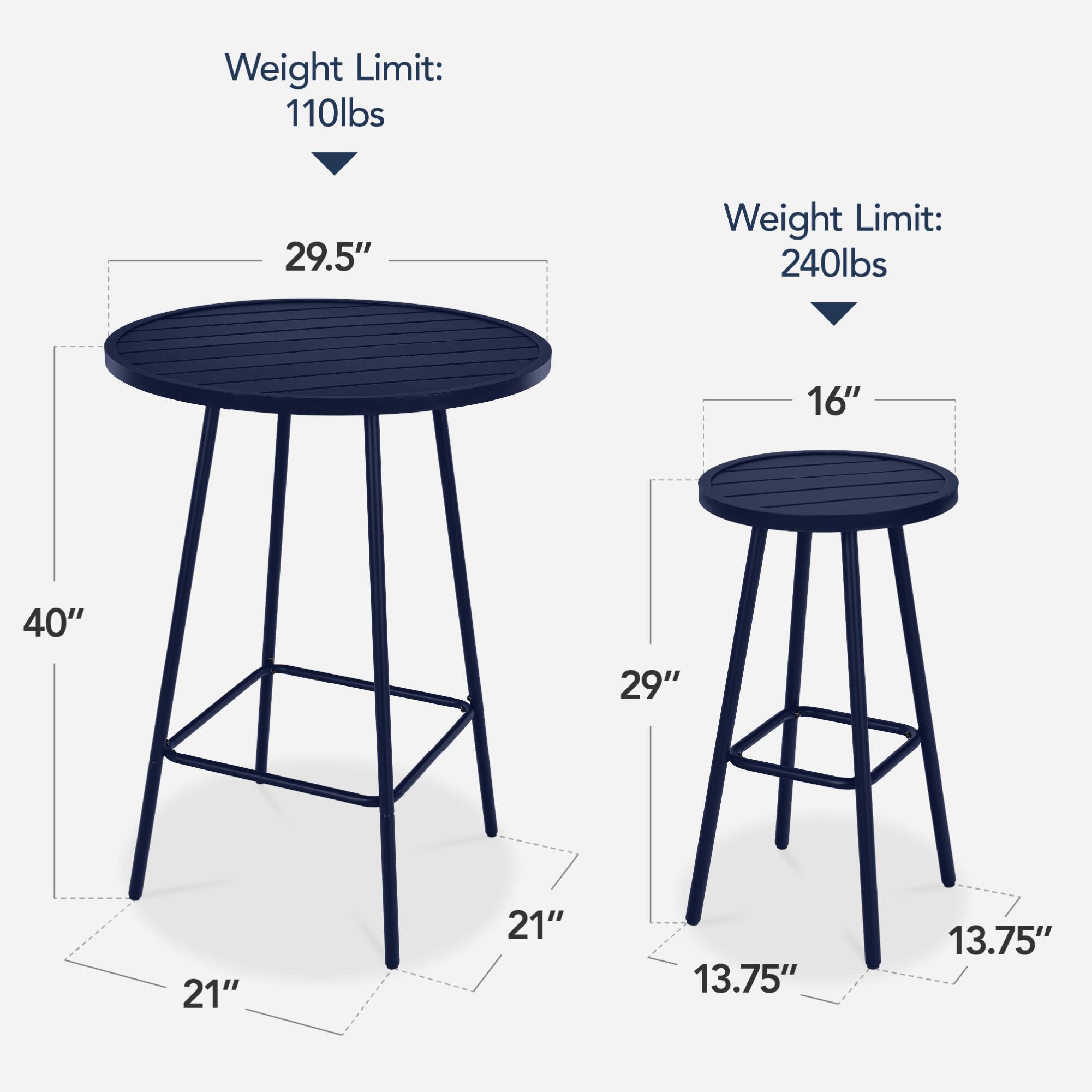 Weight Limit: 110lbs  
29.5"  
40"  
21"  

Weight Limit: 240lbs  
16"  
29"  
21"  
13.75"  
13.75"