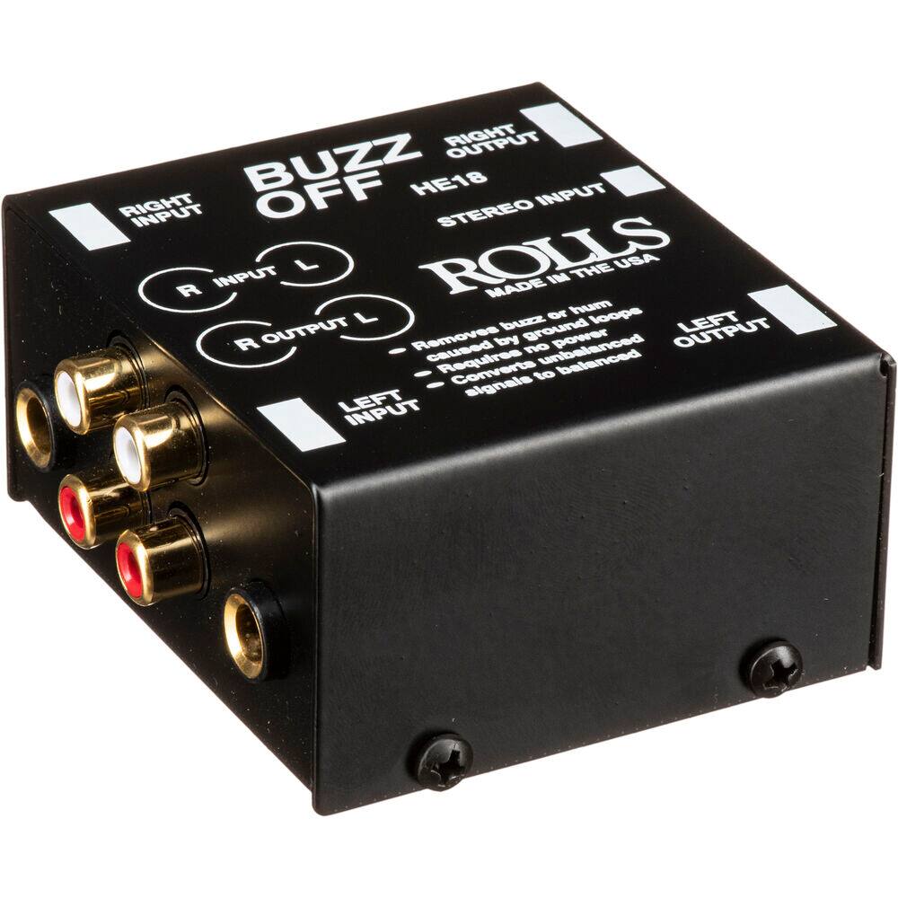 RIGHT BUZZ OFF HE18 INPUT RIGHT STEREO R INPUT L ROLLS MADE IN THE USA L or hum loops OUTPUT DAZZZE ground OUTPUT LEFT R Removes caused by n pover Requires to balanced - signals LEFT INPUT