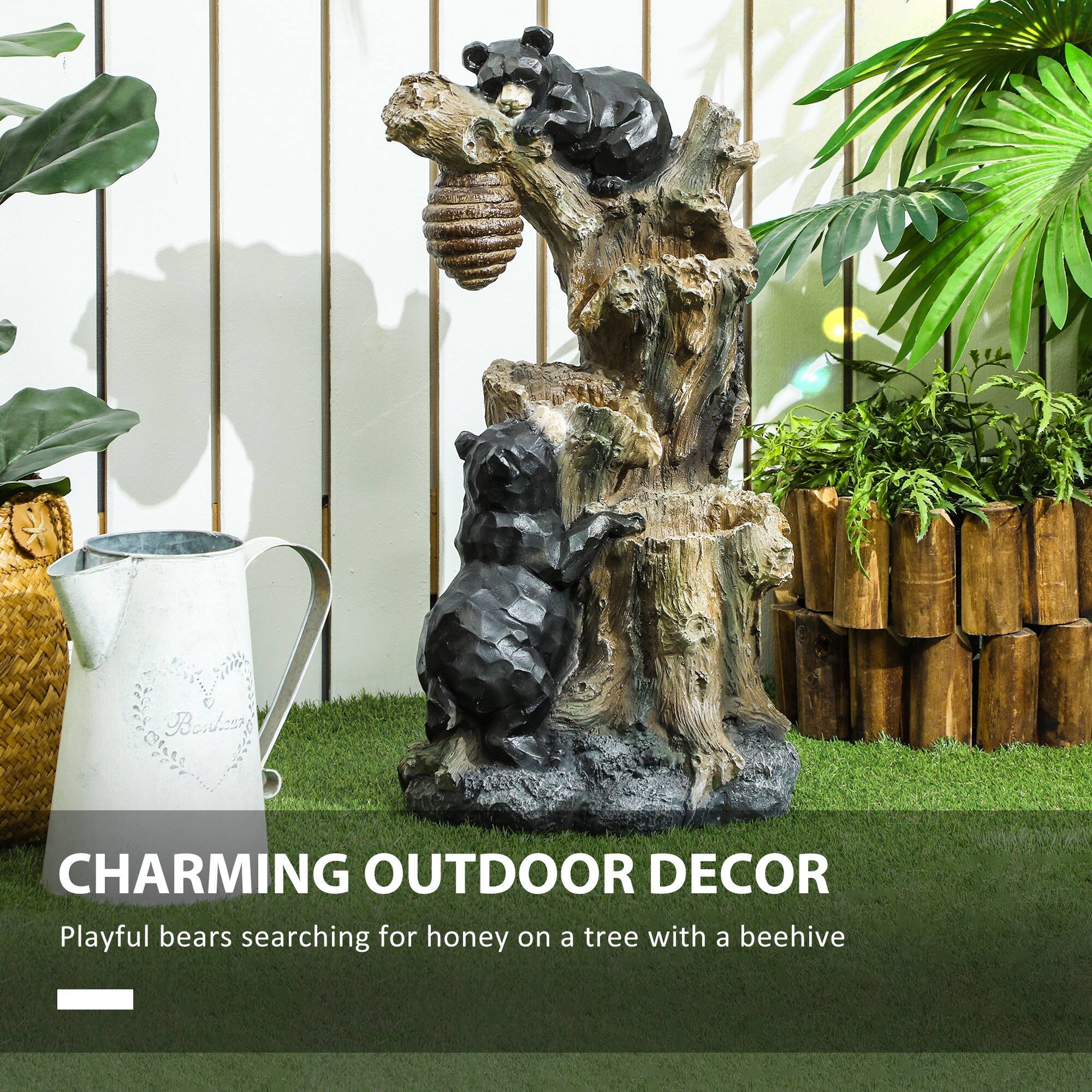Bonkaur, CHARMING OUTDOOR DECOR, Playful bears searching for honey on a tree with a beehive.