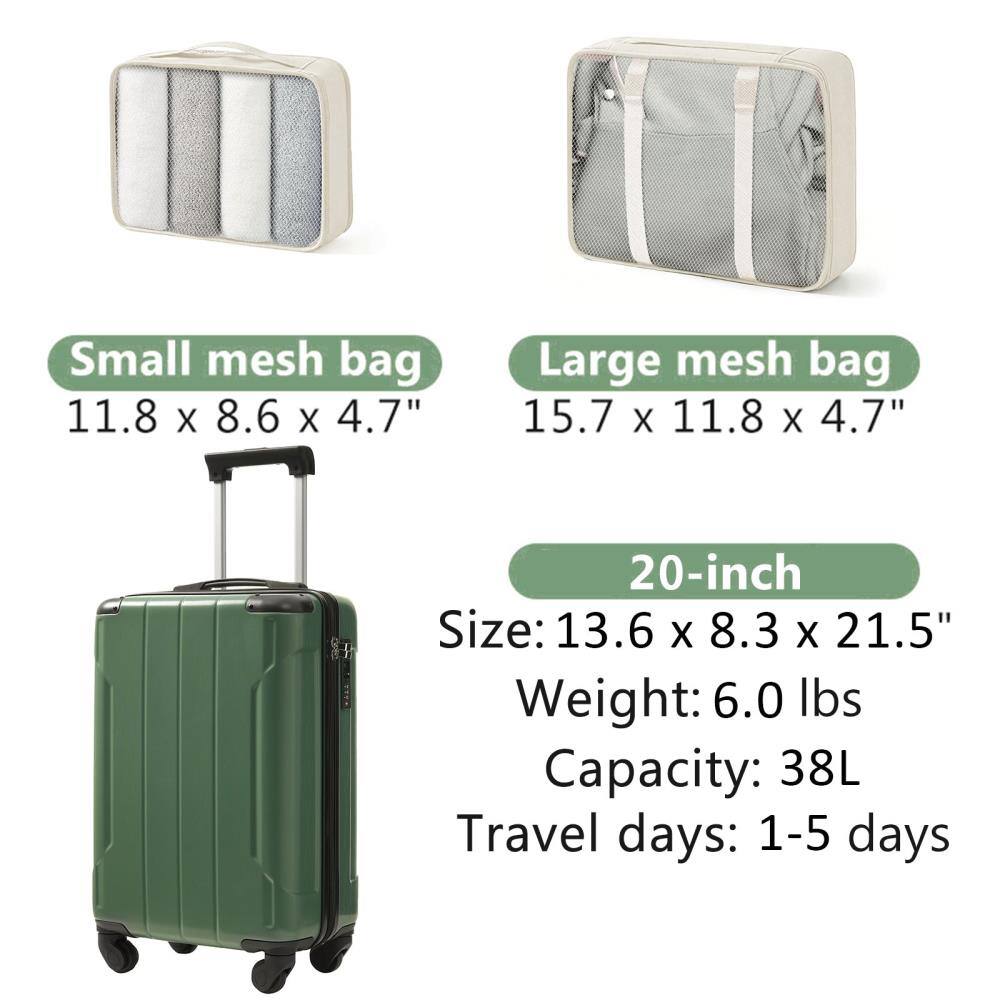 Small mesh bag: 11.8 x 8.6 x 4.7"  
Large mesh bag: 15.7 x 11.8 x 4.7"  

20-inch  
Size: 13.6 x 8.3 x 21.5"  
Weight: 6.0 lbs  
Capacity: 38L  
Travel days: 1-5 days