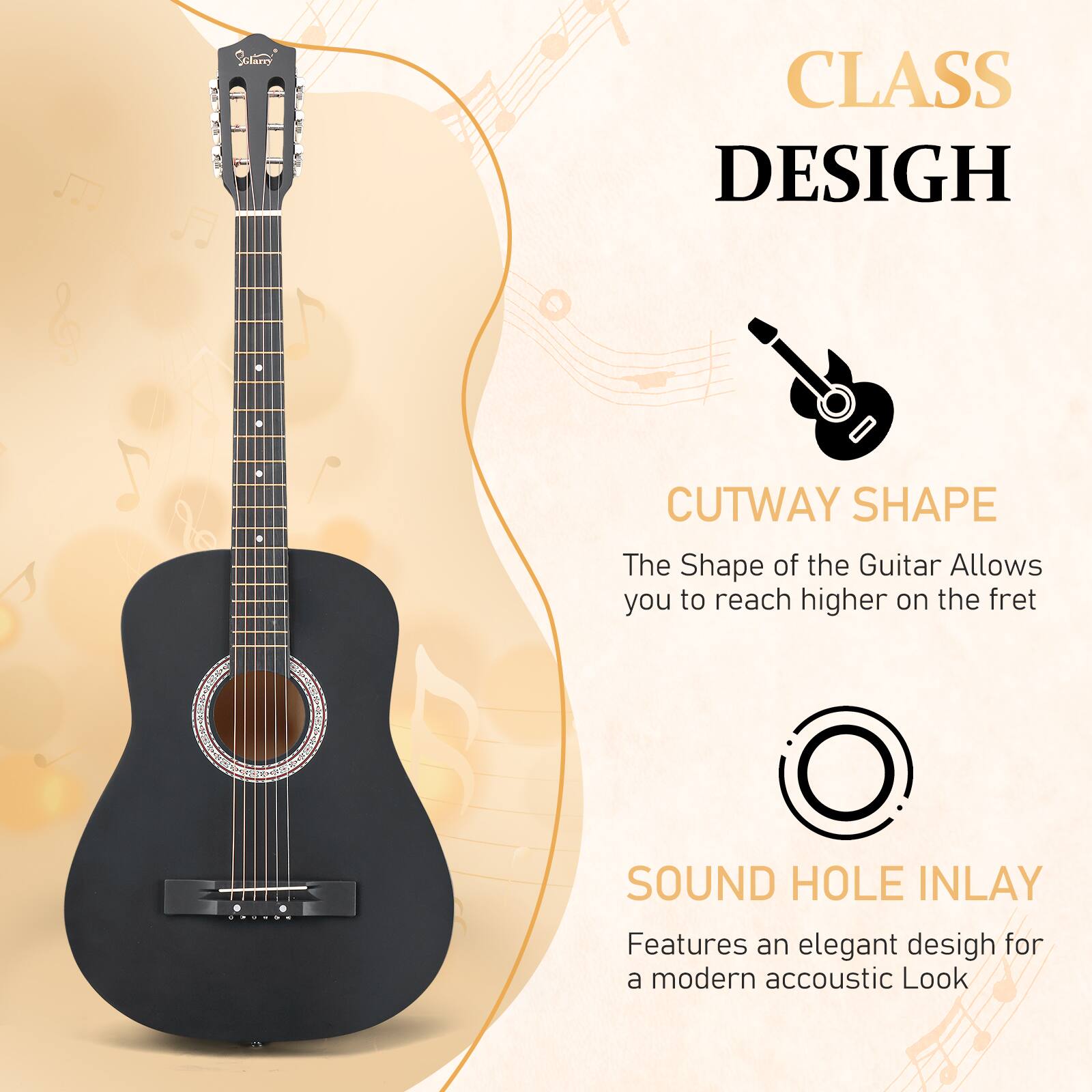 CLASS DESIGN  
CUTWAY SHAPE  
The Shape of the Guitar Allows you to reach higher on the fret  

SOUND HOLE INLAY  
Features an elegant design for a modern acoustic Look
