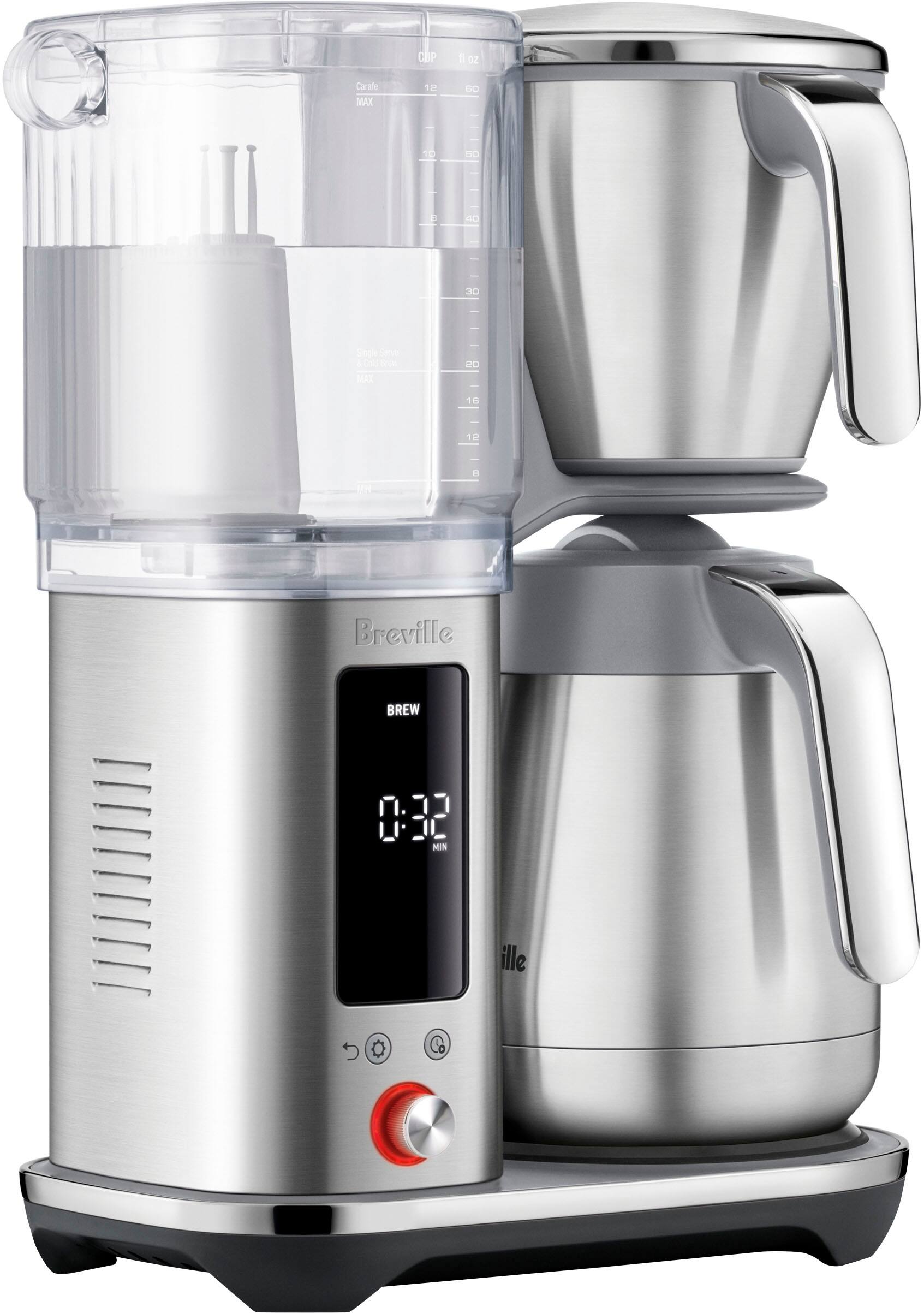 The image features a Breville coffee maker with a silver carafe and a silver pitcher. The coffee maker is sitting on a counter, and the carafe and pitcher are placed on top of it. The carafe has a capacity of 1 oz, and the pitcher has a capacity of 12 cups. The coffee maker is designed to be used with DC power, and it has a timer that can be set for up to 16 minutes. The image also includes a clock, which is likely used to keep track of the brewing time.