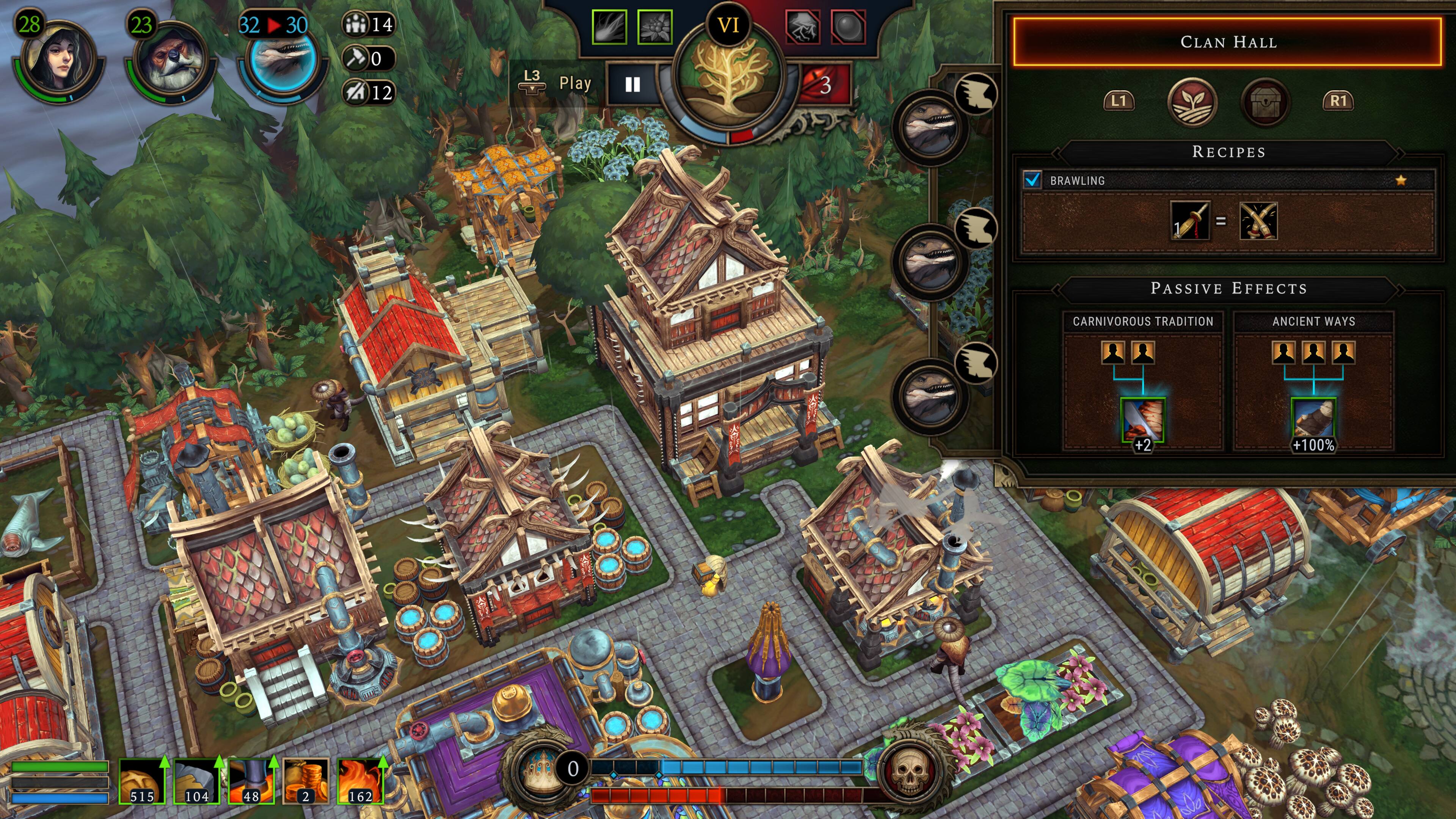 The text on the image reads:

"Clan Hall R1 Recipes Brawling = Passive Effects Carnivorous Tradition Ancient Ways +2 +100% GO 515 104 48 2 162"

This text is likely related to a game or a clan hall, where the player can access recipes, passive effects, and other game-related information. The numbers and symbols in the text may represent various aspects of the game, such as the player's level, resources, or other in-game items.