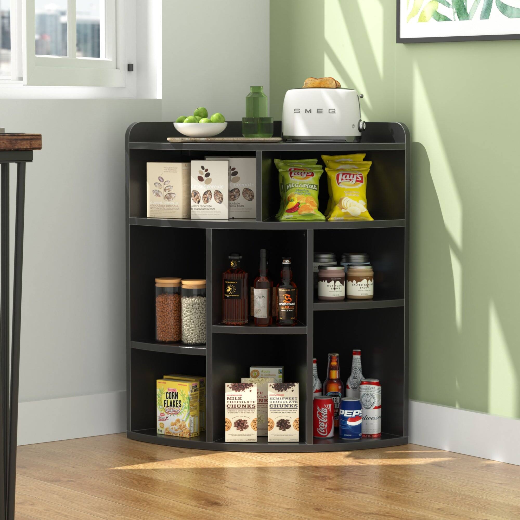 Sure, here is the corrected and grouped text from the image:

**Top Shelf:**
- SMG

**Second Shelf:**
- Lays MEGAPANNA
- Lays

**Third Shelf:**
- MILK CHOCOLATE CHUNKS
- MILK CHOCOLATE CHUNKS

**Fourth Shelf:**
- CORN FLAKES
- MILK CHOCOLATE CHUNKS

**Bottom Shelf:**
- Coca-Cola
- Pepsi
- Beer bottles (various brands)