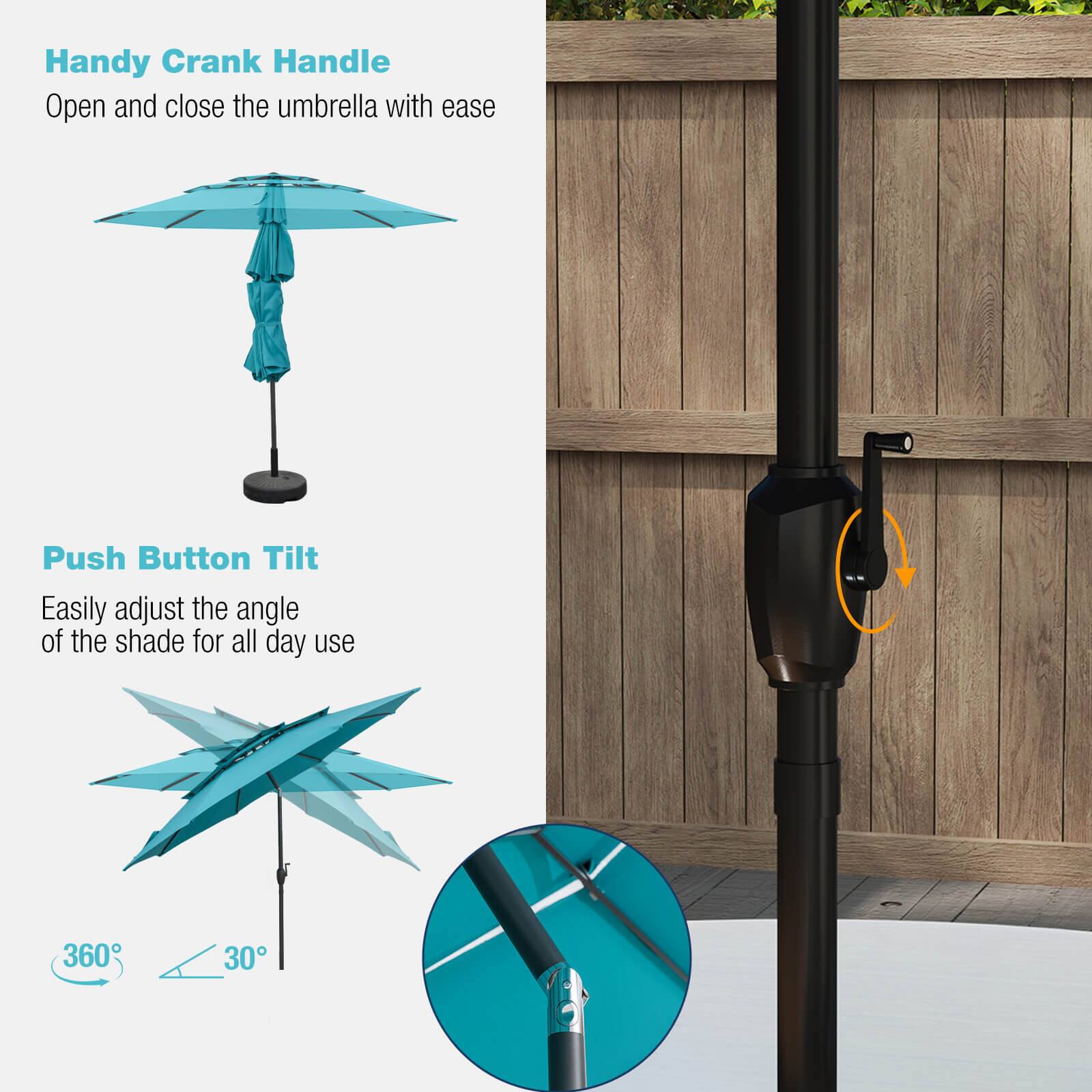 Handy Crank Handle
Open and close the umbrella with ease
Push Button Tilt
Easily adjust the angle of the shade for all day use
360°
30°