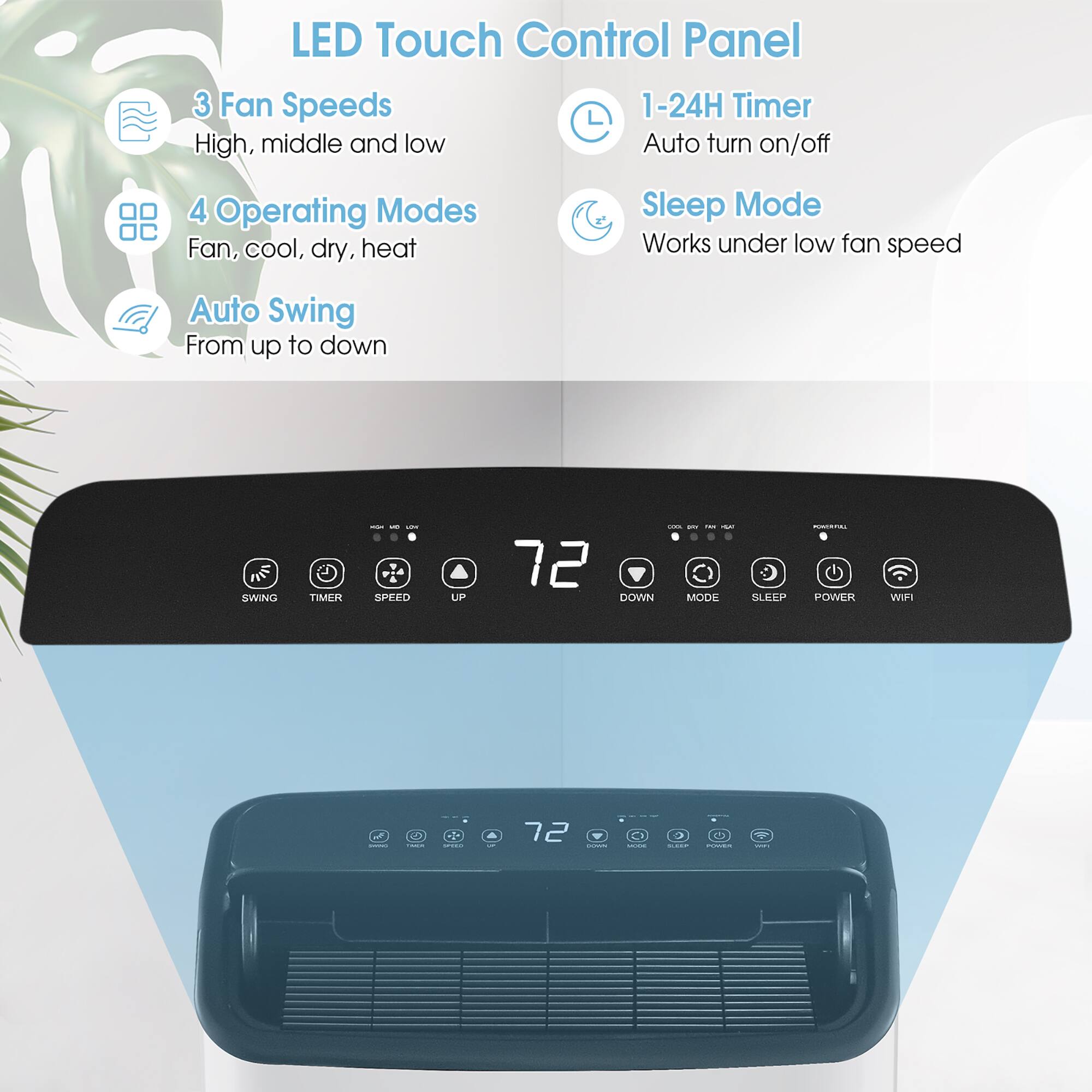 LED Touch Control Panel:
* 3 Fan Speeds: 1-24H Timer
* High, Middle, and Low Auto turn on/off
* 4 Operating Modes: Fan, Cool, Dry, Heat
* Sleep Mode
* Works under low fan speed
* Auto Swing: From up to down
* SWING TIMER - SPFED UP 72 DOWN - MODE SLILEP POWER WIFI
