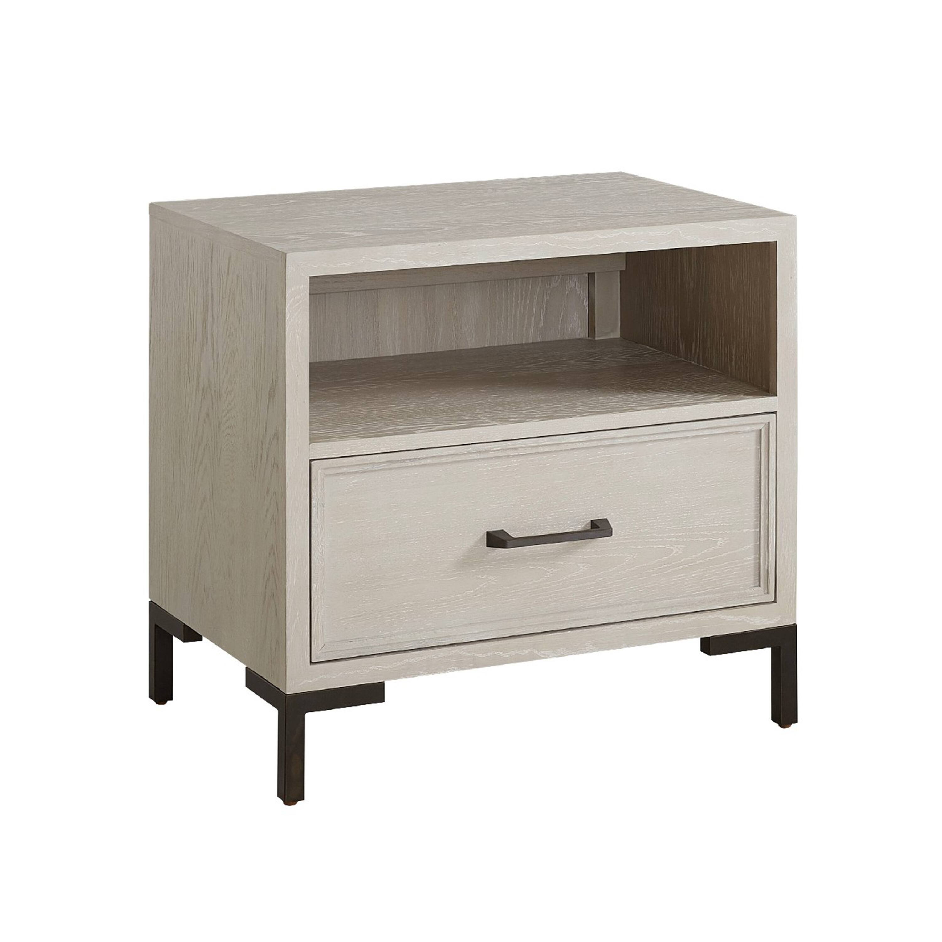 Front. Manhattan Lane - Bedy Nightstand, Drawer n Cubby,  Metal, Antique  Oak Wood - Antique White, Black.