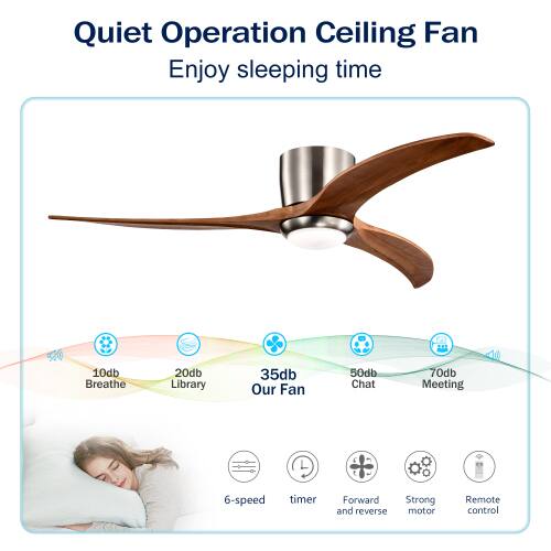 Quiet Operation Ceiling Fan  
Enjoy sleeping time  

10db - Breathe  
20db - Library  
35db - Our Fan  
50db - Chat  
70db - Meeting  

6-speed timer  
Forward and reverse  
Strong motor  
Remote control