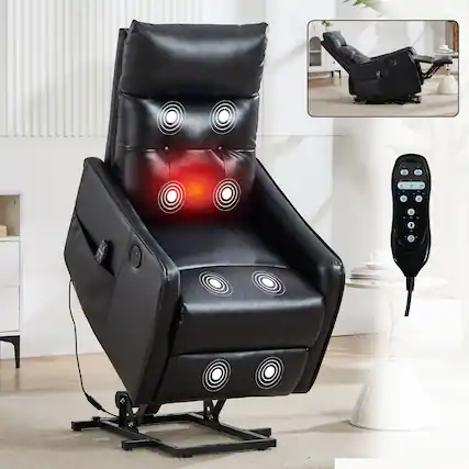 Front. TinyHomie - PU Single Motor Power Lift Recliner Chair with Massage and Heat Heavy Duty Motion Mechanism Max Reclining Angle 155° - Black.