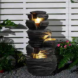 Anysun - Outdoor Rock Water Fountain with Lights – Multi-Tier Cascading Waterfall Resin Garden Fountain for Yard, Landscape - Black