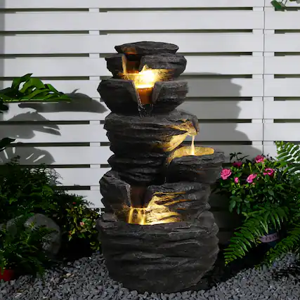 Front. Anysun - Outdoor Rock Water Fountain with Lights – Multi-Tier Cascading Waterfall Resin Garden Fountain for Yard, Landscape - Black.
