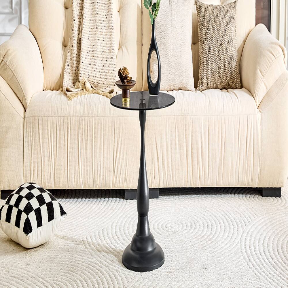 Alt View 10. Loheer - Loheer Small Metal Side Table Vintage Round Glass Top Matte Black End Table - Matte Black.