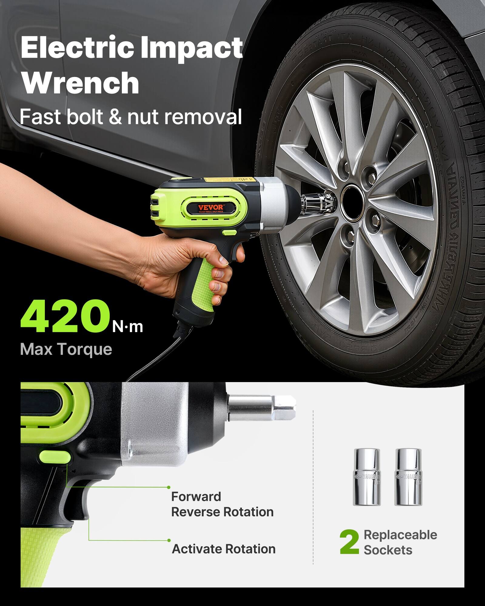 Electric Impact Wrench  
Fast bolt & nut removal  

420 N·m Max Torque  

Forward Reverse Rotation  
Activate Rotation  

2 Replaceable Sockets