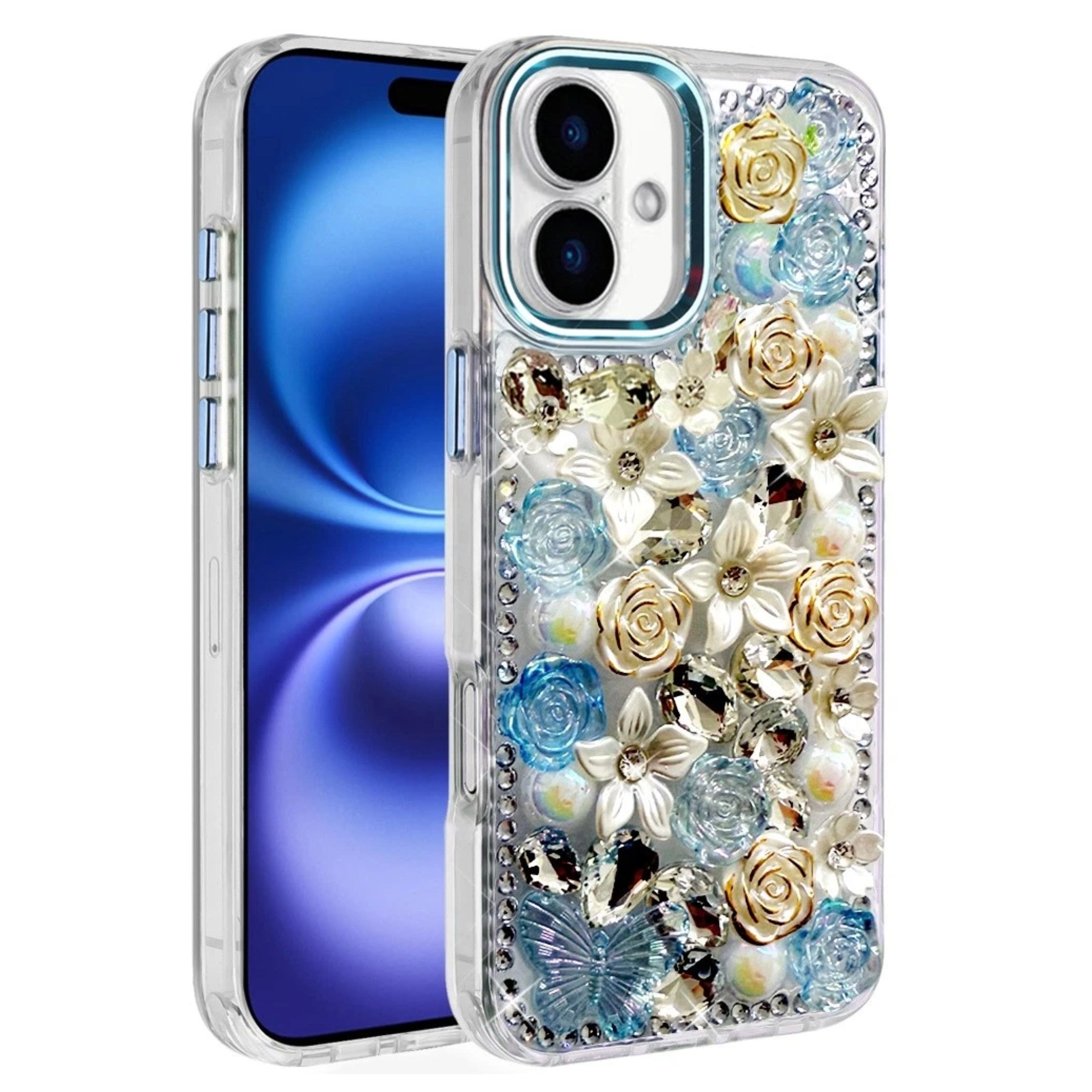 Kitcheniva - Full Floral 3D Bling Jewel Cute Phone Cover Plus Tempered Glass For iPhone 17 - Blue price history on PriceWatchPro