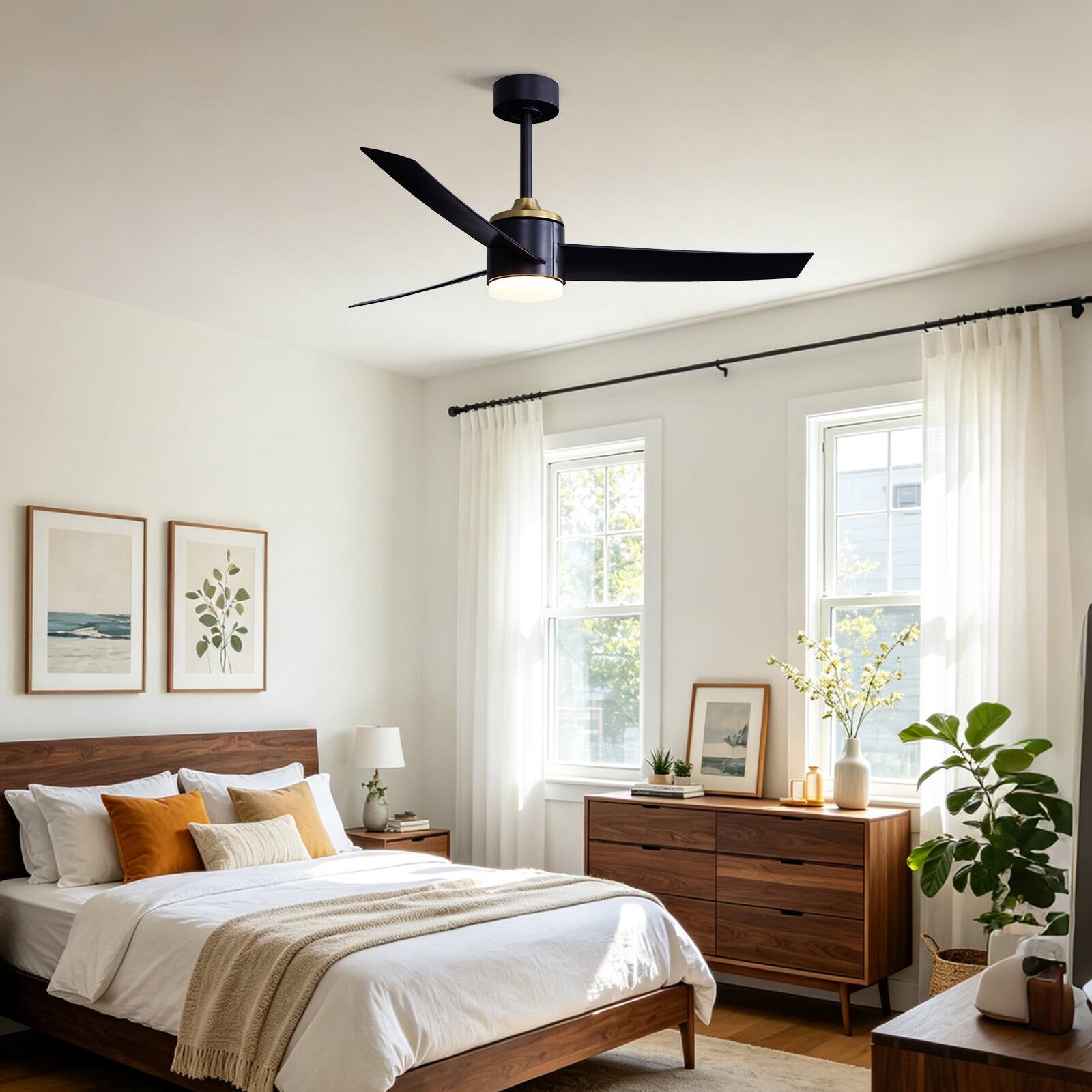Angle. Siljoy - 52 Inch 3 Blade Modern Industrial Ceiling Fan Matte Black and Gold Finish with LED Light for Bedroom Living Room - Matte Black and Gold.