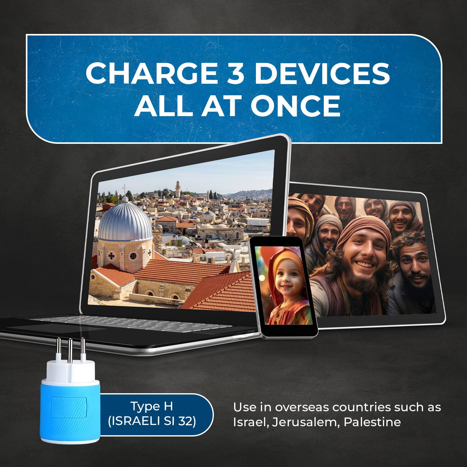 CHARGE 3 DEVICES ALL AT ONCE

Type H (ISRAELI SI 32)

Use in overseas countries such as Israel, Jerusalem, Palestine