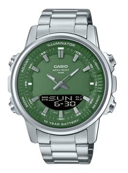 Casio - Illuminator Analog Digital Quartz AMW-880D-3AV Mens Watch World Time Stopwatch Telememo LED Light Stainless Steel Green - Silver, Green
