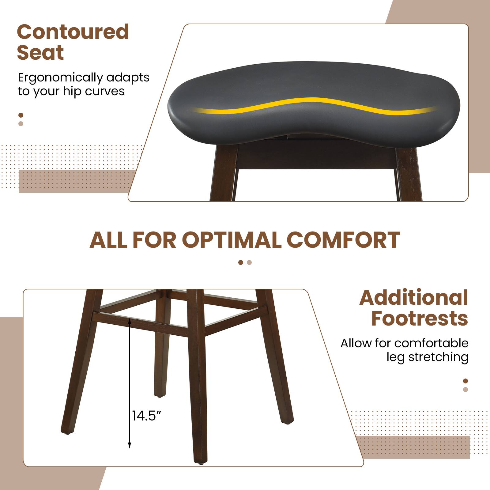 Contoured Seat: Ergonomically adapts to your hip curves for optimal comfort. Additional Footrests allow for comfortable leg stretching.
