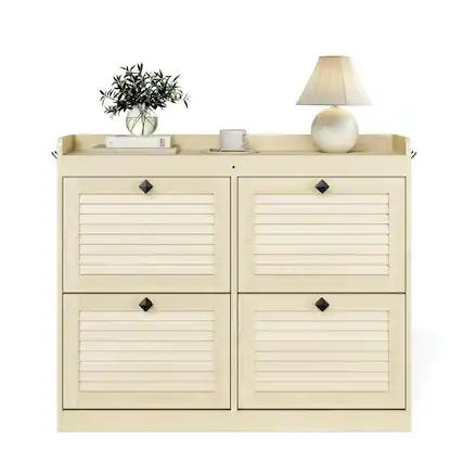 Front. Babevy - Large Shoe Storage Cabinet with 4 Flip Drawers, Freestanding Narrow Shoe Organizer with Hooks and Storage - Brown.