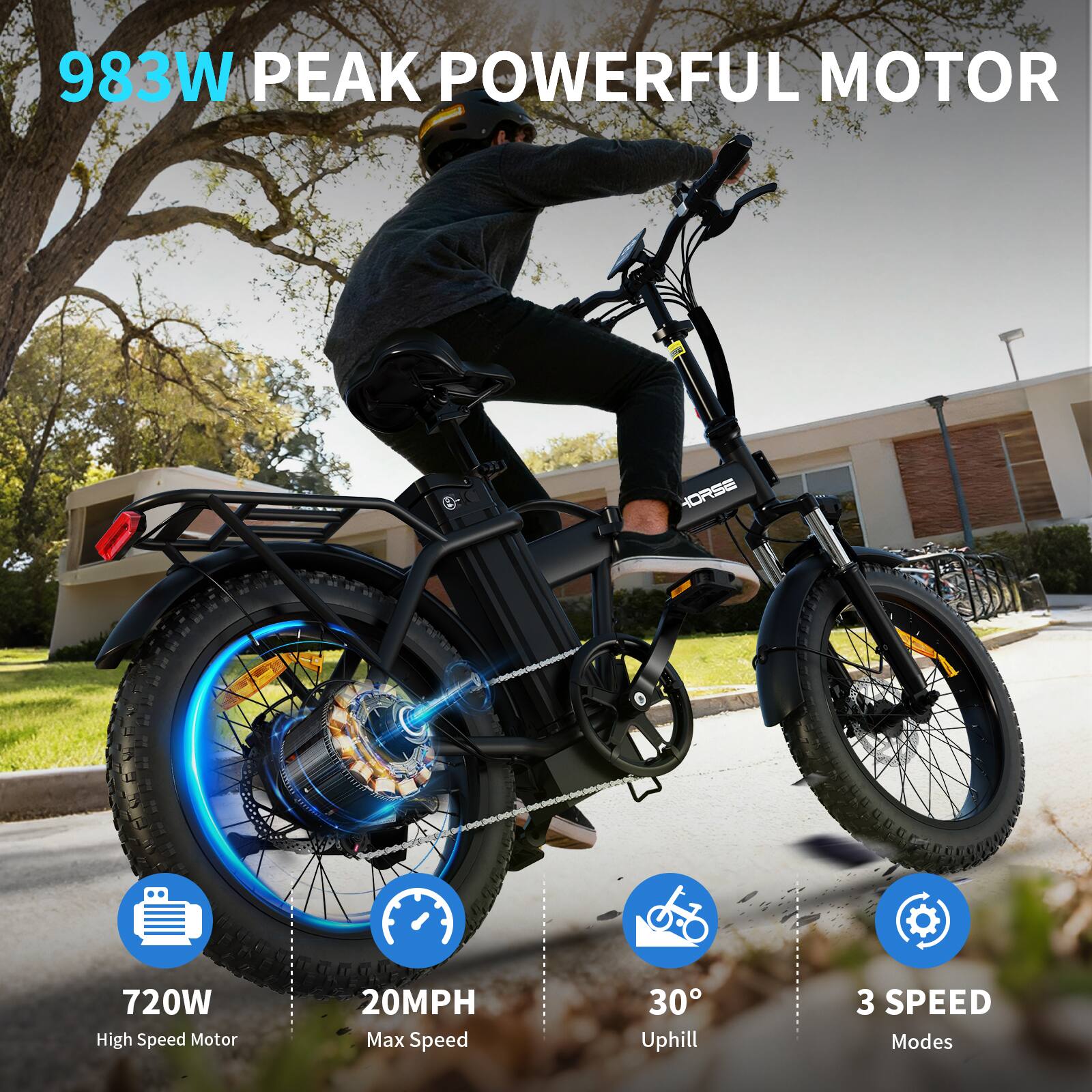 983W Peak Powerful Motor  
720W High Speed Motor  
20MPH Max Speed  
30° Uphill  
3 Speed Modes