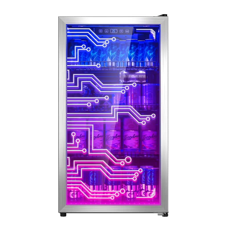 Manastin - 120‑Can Freestanding Light‑Up Beverage Cooler, LED Lighting Door, Cyberpunk Style for Game Room, Bar and Party Use - Silver