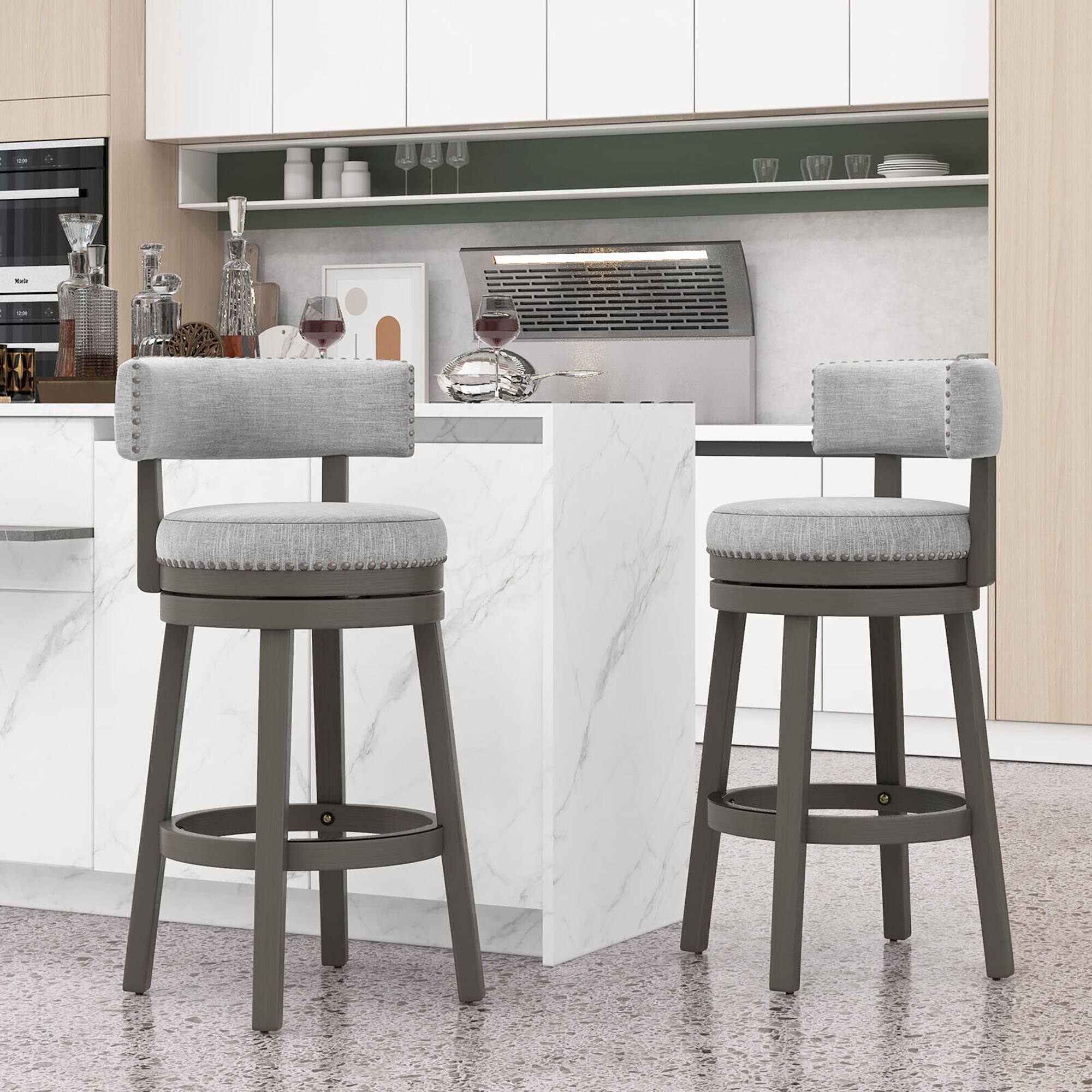 Alt View 2. Gymax - Gymax Set of 4 Upholstered Swivel Bar Stools Wooden Bar Height Kitchen Chairs Grey - Grey.