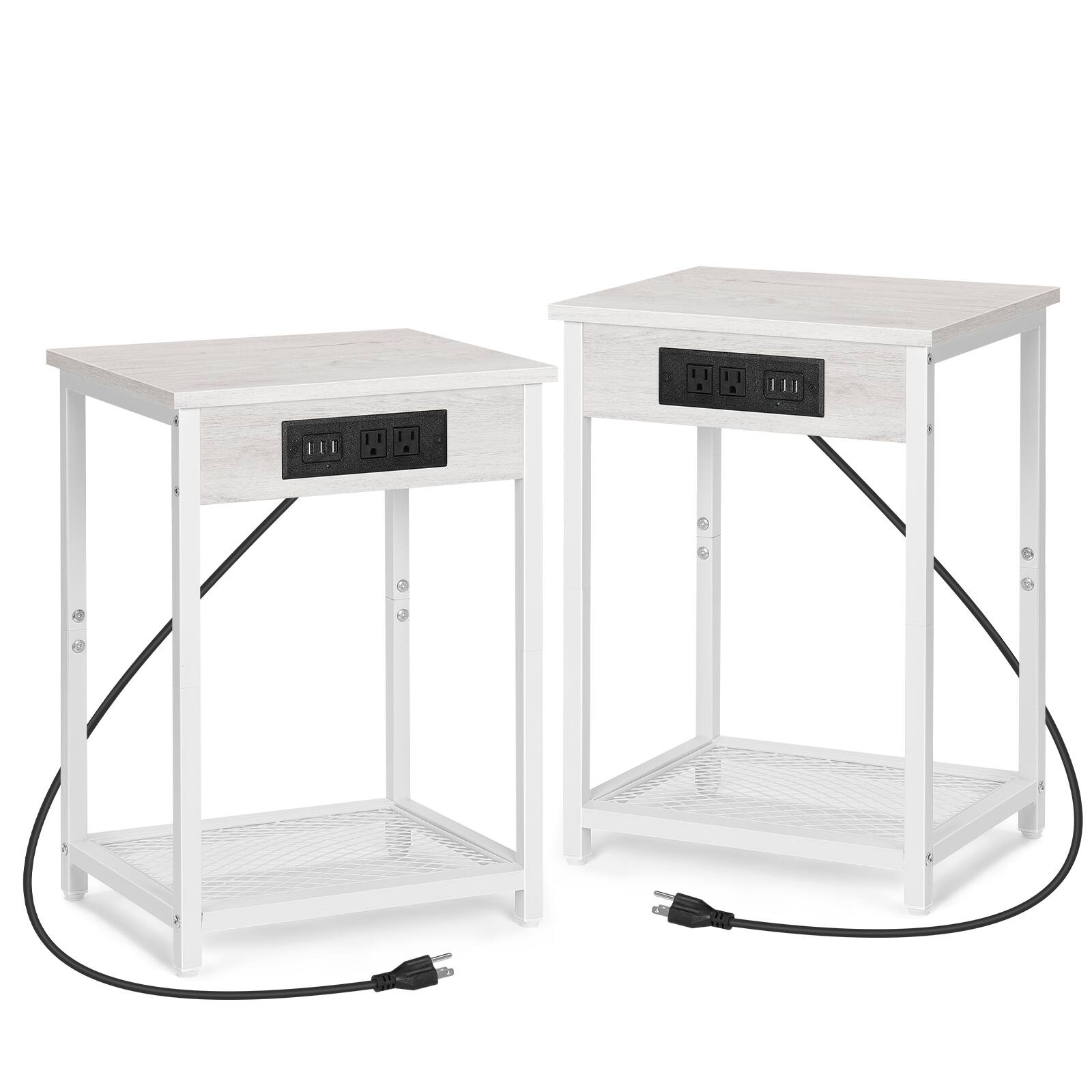 Angle. Oumilen - Set of 2 White Nightstands with Charging Station, Modern End Tables with Mesh Shelf - White.