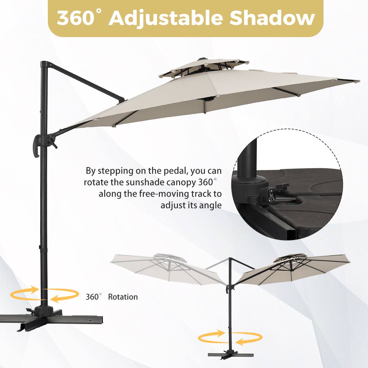 360° Adjustable Shadow

By stepping on the pedal, you can rotate the sunshade canopy 360° along the free-moving track to adjust its angle

360° Rotation