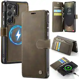 Dteck - Wallet Case for Samsung Galaxy S24 Ultra, Compatible with MagSafe, PU Leather Flip RFID Blocking Card Holder Cover - Brown