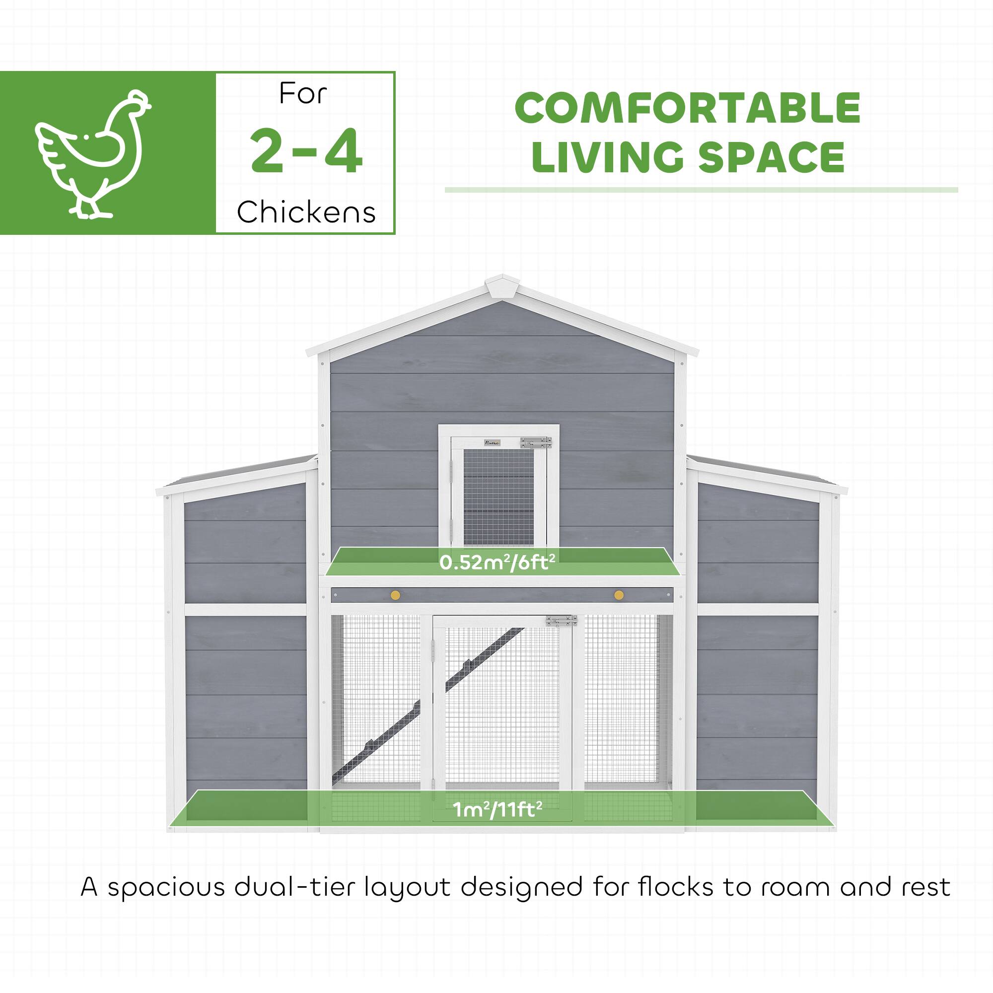 For COMFORTABLE 2-4 LIVING SPACE Chickens - 0.52m²/6ft² 1m²/11ft²  
A spacious dual-tier layout designed for flocks to roam and rest