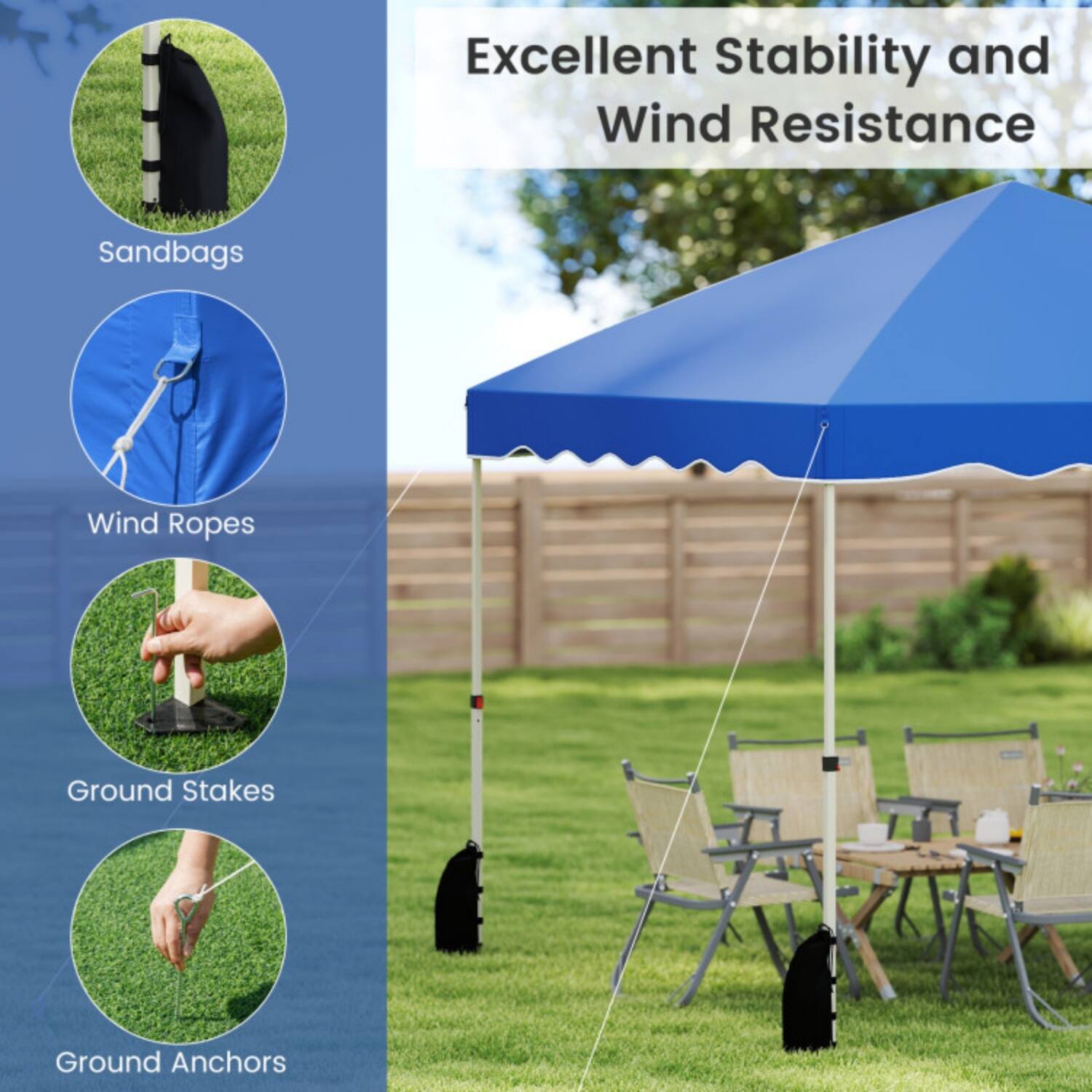 Excellent Stability and Wind Resistance

- Sandbags
- Wind Ropes
- Ground Stakes
- Ground Anchors