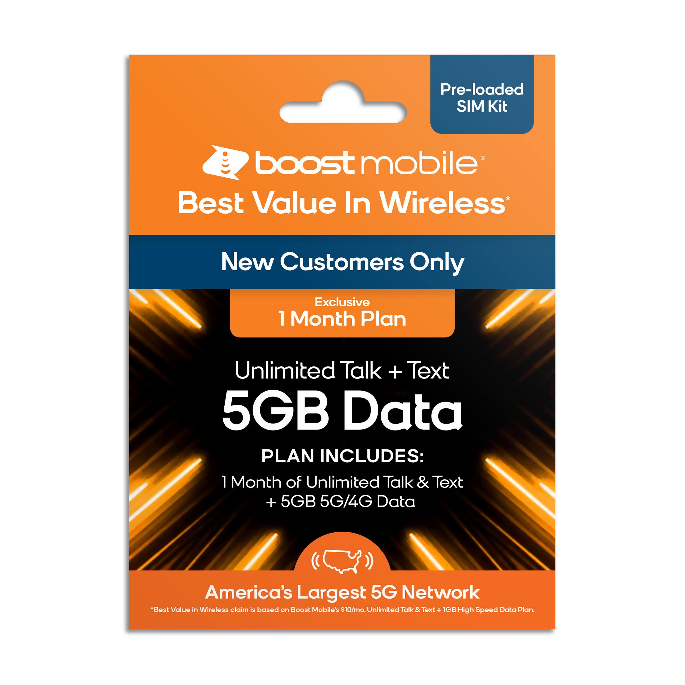 Front. Boost Mobile - 1 Month 5GB Plan SIM Card Kit.