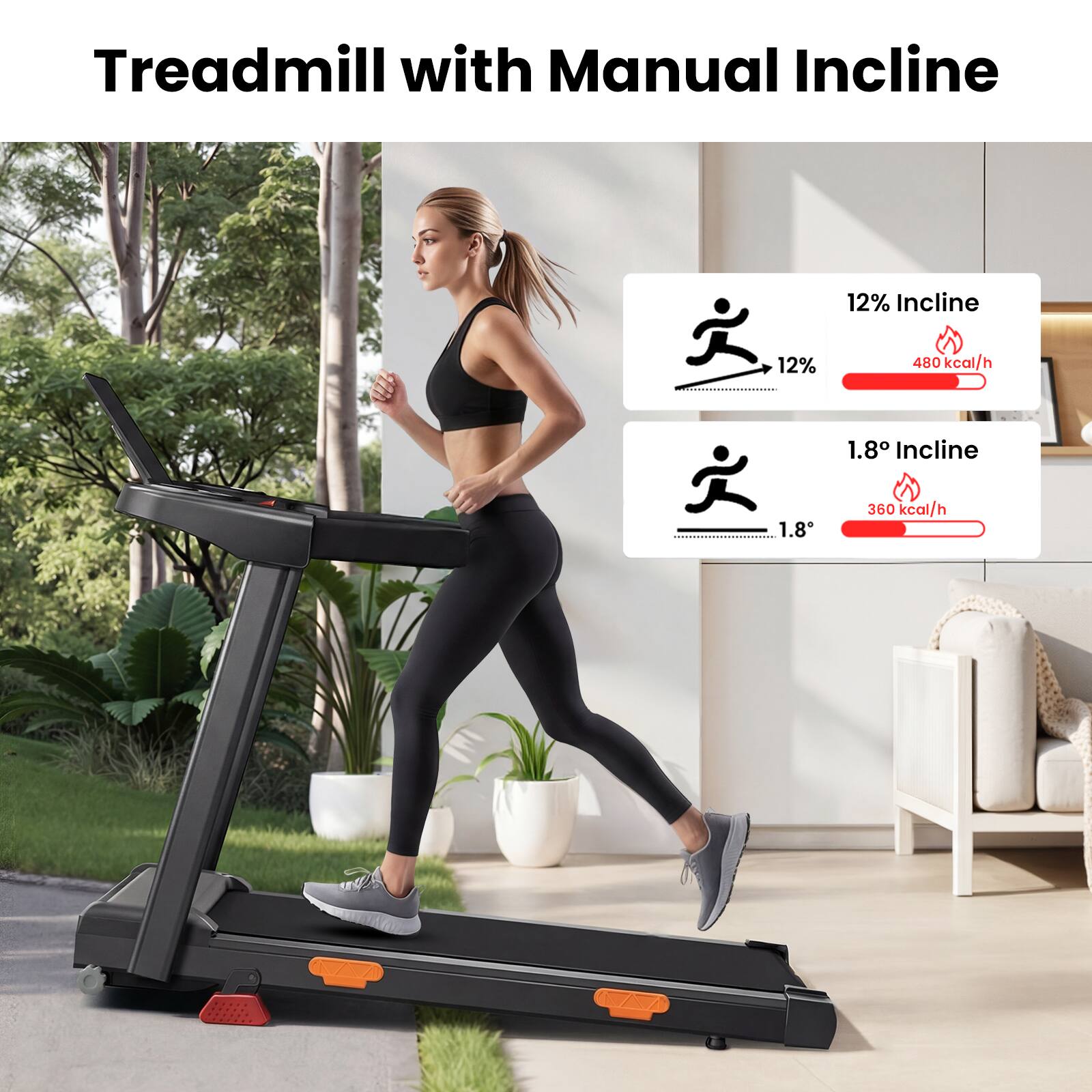 Treadmill with Manual Incline

12% Incline: 480 kcal/h

1.8° Incline: 360 kcal/h