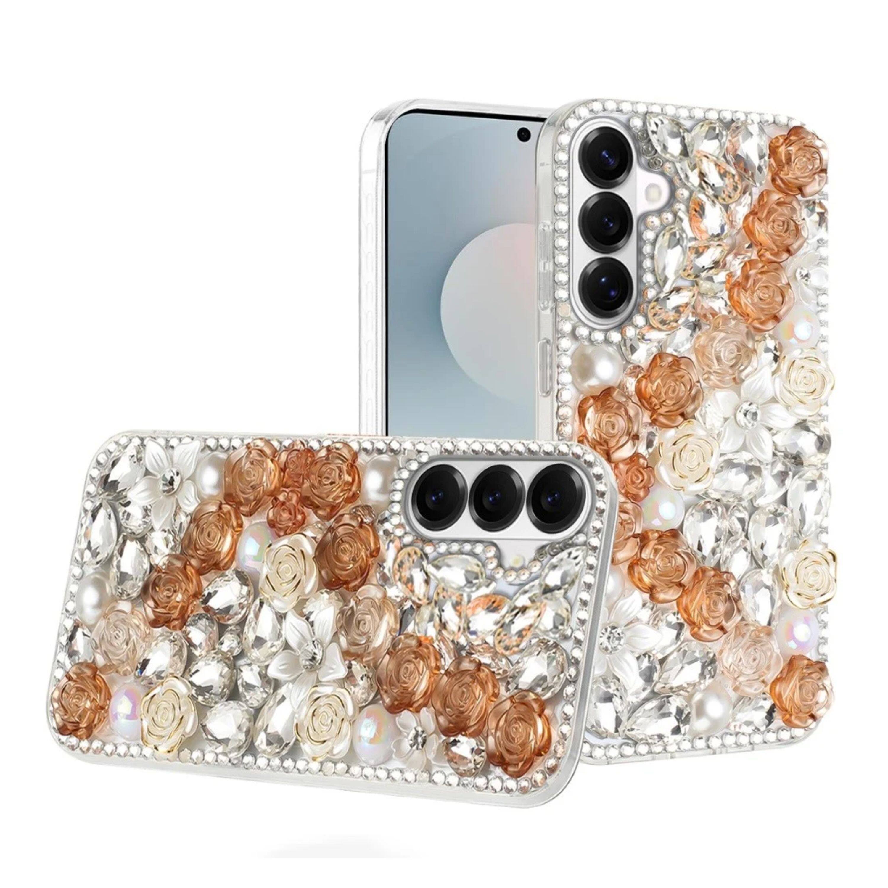 Front. Kitcheniva - Full Rhinestone 3D Rose Bling Design Phone Case With Tempered Glass For Samsung Galaxy S26 Gold - Gold.