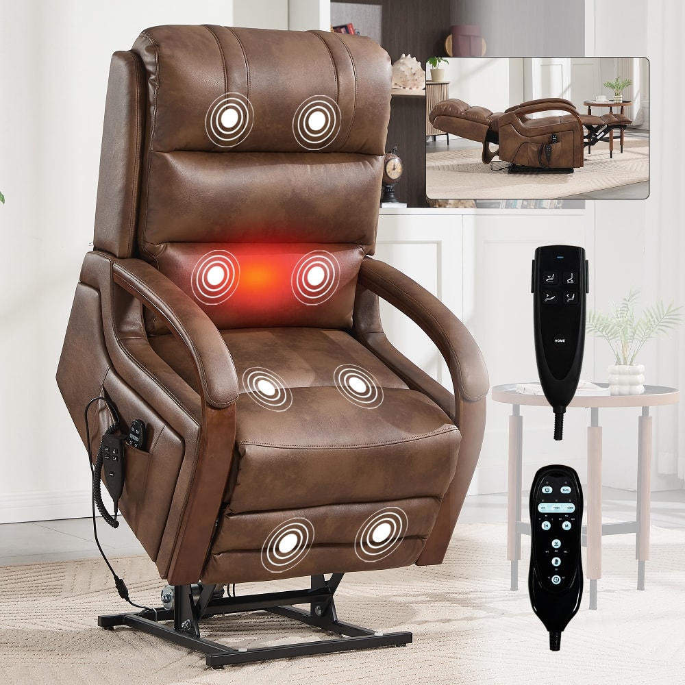 Ropilly - power lift recliner chair with dual motor infinite position, solid wood armrests and massage - Brown