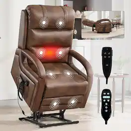 Ropilly - power lift recliner chair with dual motor infinite position, solid wood armrests and massage - Brown