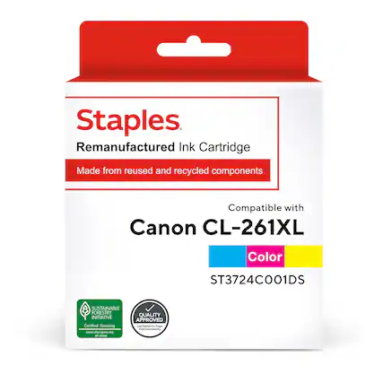 Staples Remanufactured Ink Cartridge Made from reused and recycled components Compatible with Canon CL-261XL Color ST3724CO01DS SUSTAINABLE FORESTRY QUALITY INITIATIVE APPROVED Certified Sourcing La Tenaed - Pe moans Seroclo www.slipragram.org shmasa