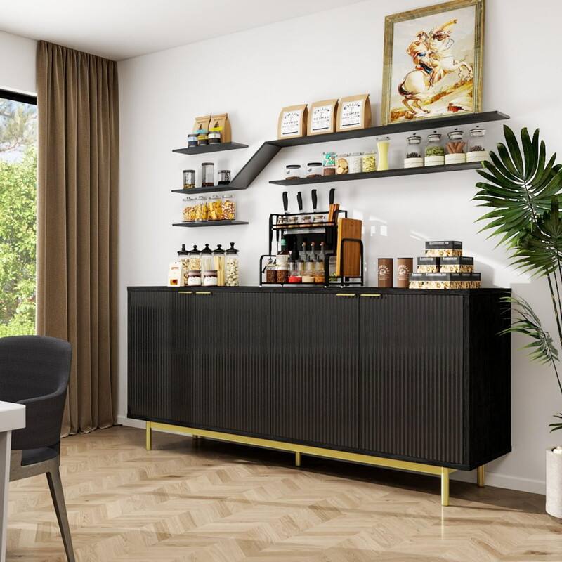 Alt View 1. Dyonery - Buffet Cabinet with Storage, 58” Large Sideboard with Shelves and 4 Doors, Fluted Sideboard Coffee Bar Cabinet - Black.