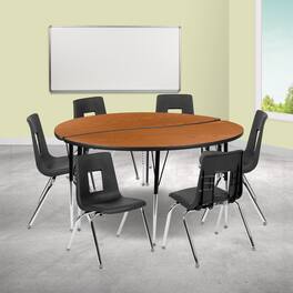 Emma + Oliver - 60" Circle Wave Collaborative Laminate Activity Table Set with 16" Student Stack Chairs, Grey/Black - Oak