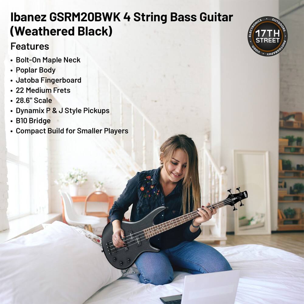 Ibanez GSRM20BWK 4 String Bass Guitar (Weathered Black)

Features:
- Bolt-On Maple Neck
- Poplar Body
- Jatoba Fingerboard
- 22 Medium Frets
- 28.6" Scale
- Dynamix P & J Style Pickups
- B10 Bridge
- Compact Build for Smaller Players