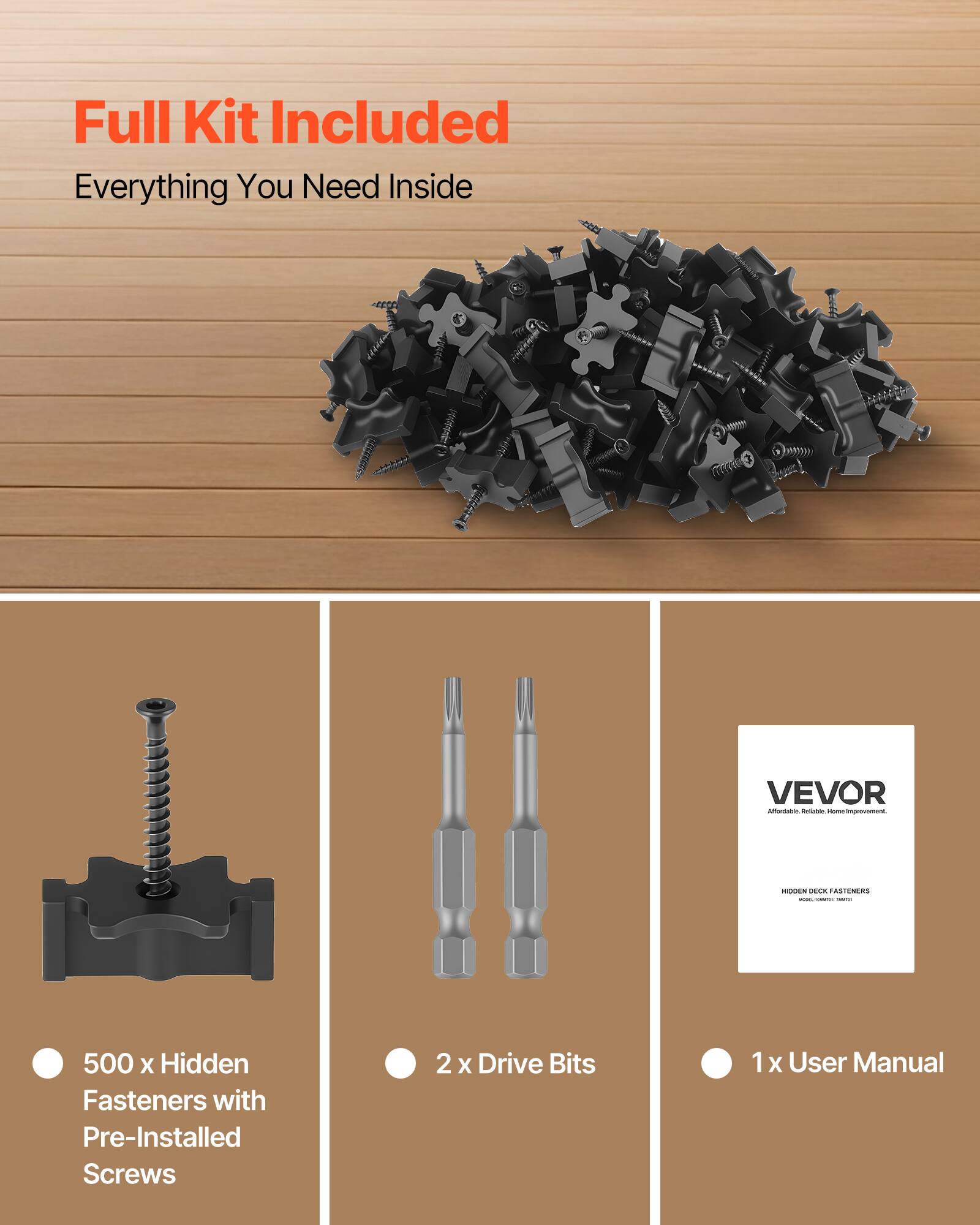 Full Kit Included  
Everything You Need Inside  

- 500 x Hidden Fasteners with Pre-Installed Screws  
- 2 x Drive Bits  
- 1 x User Manual