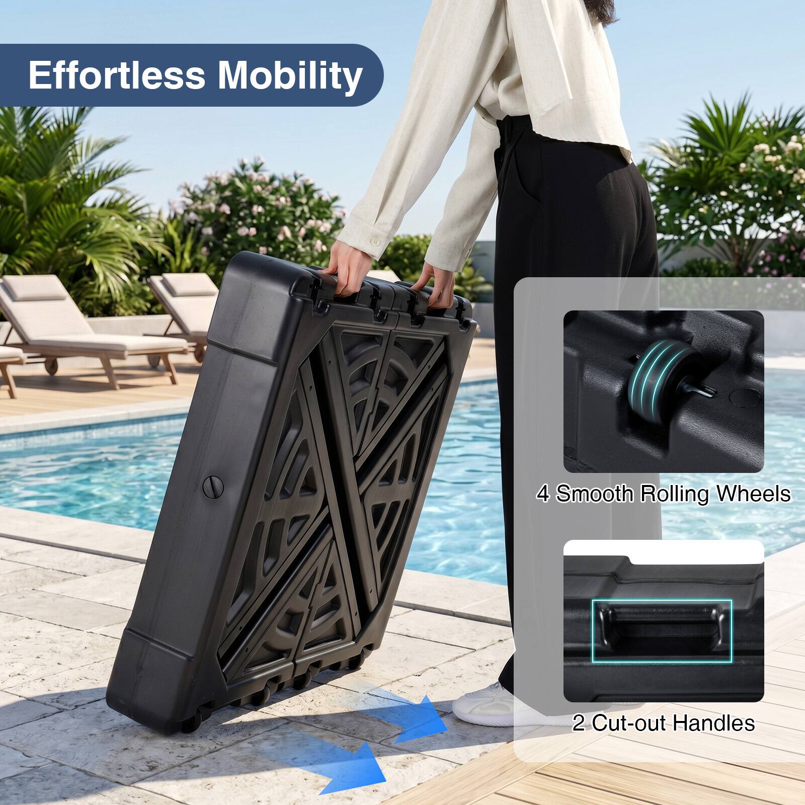 Effortless Mobility  
4 Smooth Rolling Wheels  
2 Cut-out Handles