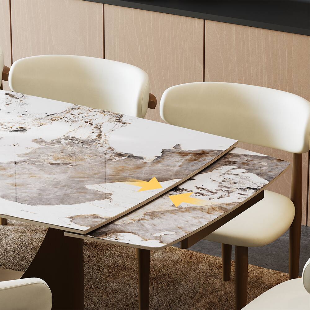 Back. POVISON - 71"-95"Extendable Modern Gold Dining Table for 6-10, Rectangular Glossy Sintered Stone Tabletop, Bronze Carbon Steel Leg - Pandora Sintered Stone with Bronze.