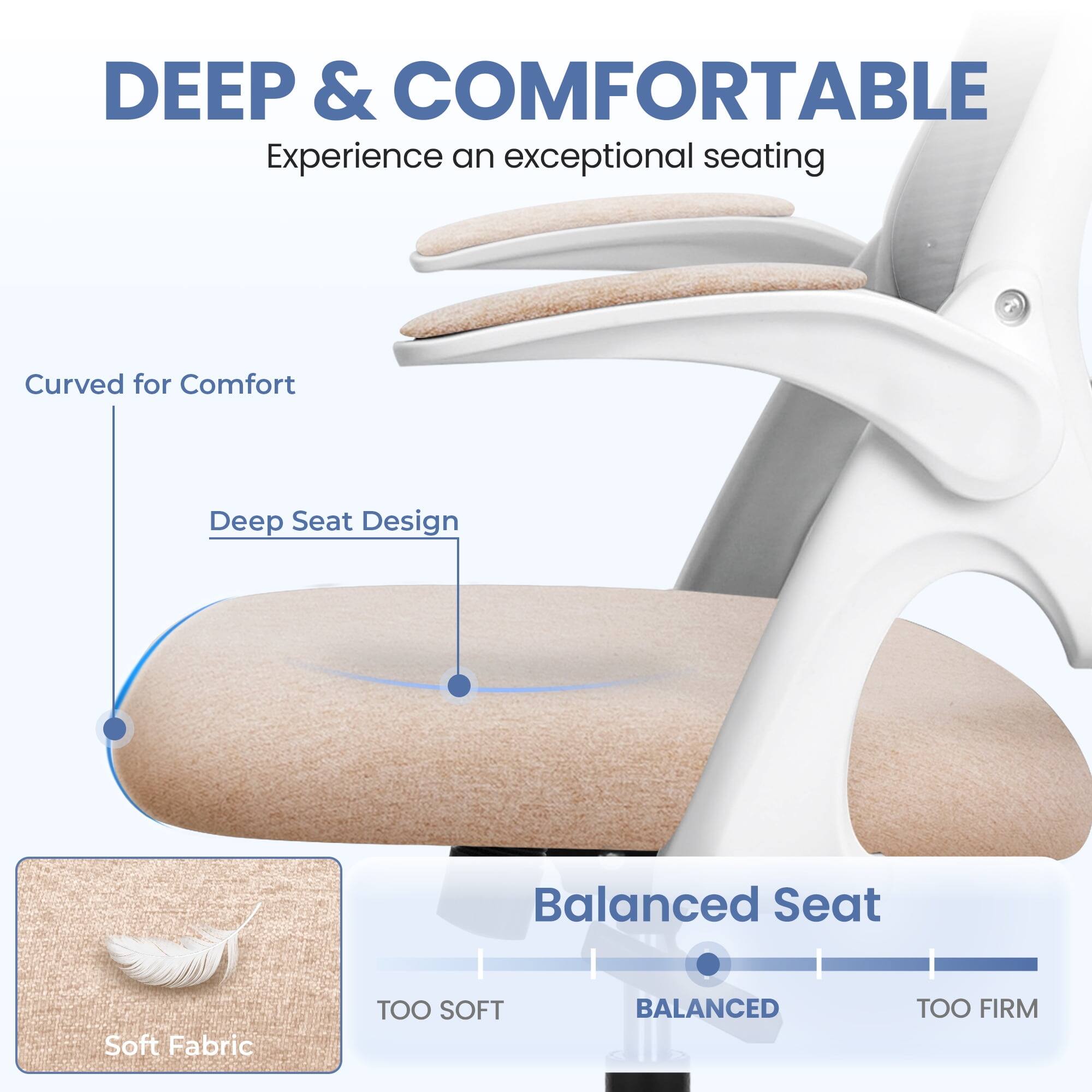 DEEP & COMFORTABLE  
Experience an exceptional seating

- Curved for Comfort
- Deep Seat Design
- Balanced Seat
- Soft Fabric

TOO SOFT  
BALANCED  
TOO FIRM