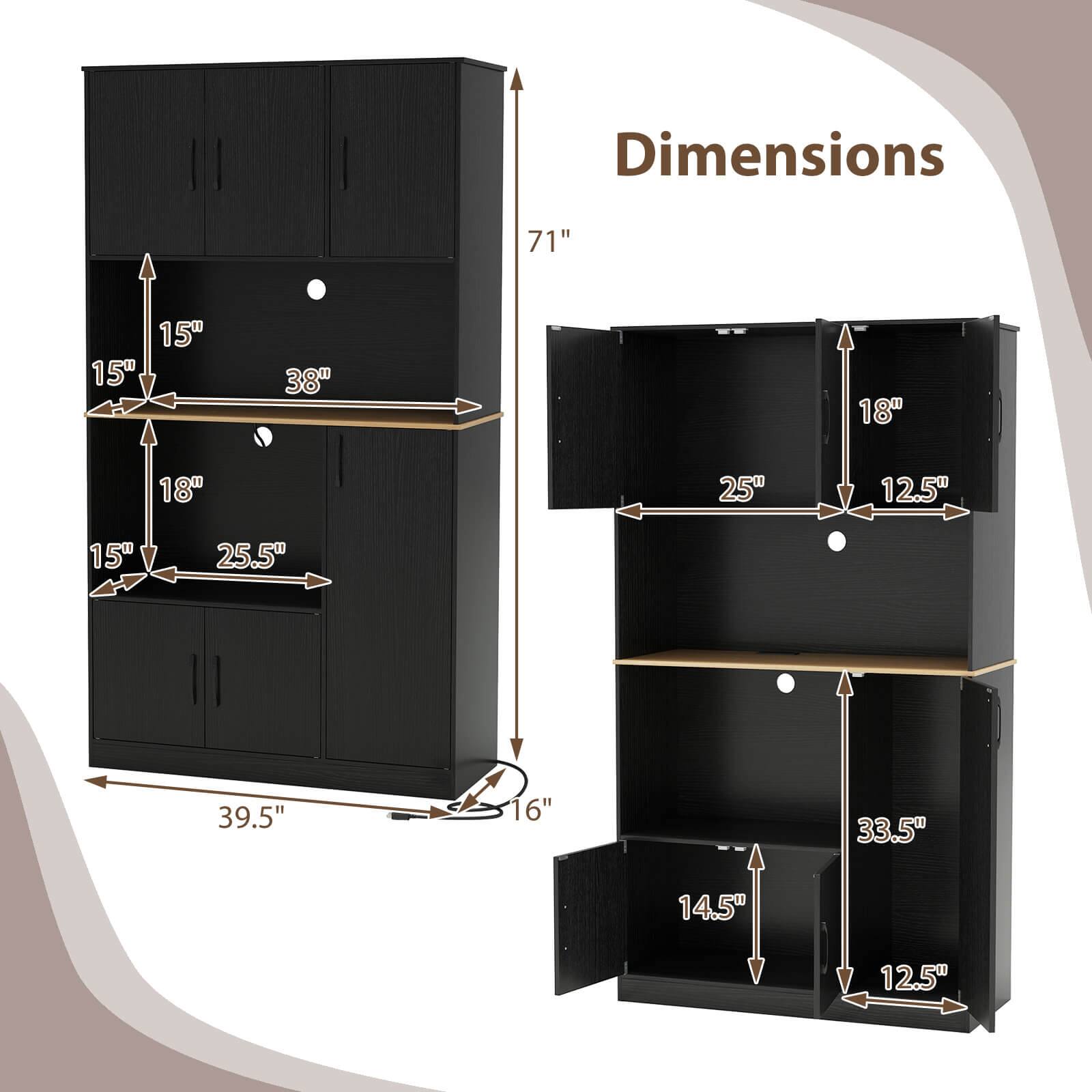 Dimensions:  
- Height: 71"  
- Width: 39.5"  
- Depth: 16"  
- Top Shelf: 38" (width) x 15" (depth)  
- Middle Shelf: 38" (width) x 15" (depth)  
- Bottom Shelf: 38" (width) x 15" (depth)  
- Cabinet: 25.5" (width) x 18" (height) x 15" (depth)  
- Drawer: 25" (width) x 18" (height) x 12.5" (depth)  
- Bottom Drawer: 33.5" (width) x 14.5" (height) x 12.5" (depth)